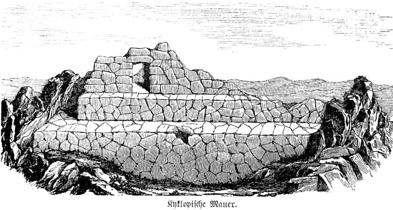 Cyclopean wall or cyclopean masonry (opus siliceum), wall made of irregular stones or rocks, with polygonal visible surface but smooth surface, widespread in the Mediterranean area since the Neolithic Age, craft, masonry, history of mankind, historical illustration 1880