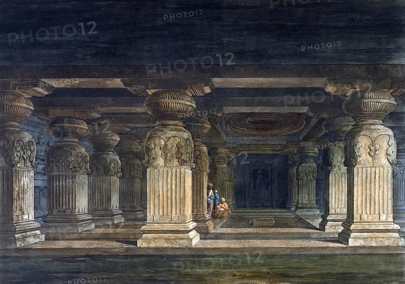 Indra Sabha, a Jain cave north of the Kailash temple in Ellora, known as Indrasabha. It is the largest and most beautiful of all Jain temples in Ellora, India, ca 1880, digitally enhanced reproduction of a 19th century model, Asia