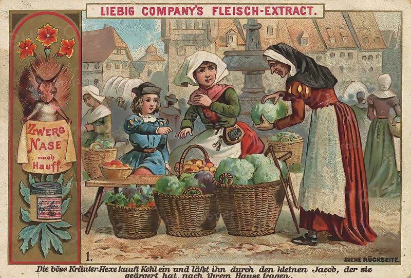 Picture series Dwarf Nose, 1, The evil herb witch buys cabbage and has it carried home by little Jacob, who has annoyed her, Liebig picture, digitally restored reproduction of a collector's picture from around 1900, public domain, exact date unknown, scene in a marketplace with woman and children in medieval dress