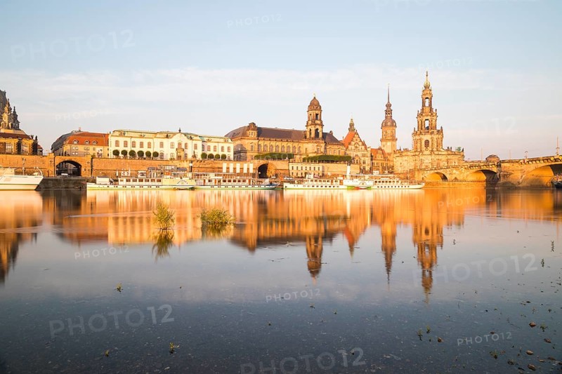 Silhouette of the Old Town with reflection in the Elbe in the morning, steamboats on the Terrassenufer, Brühl's Terrace, Sekundogenitur, Ständehaus, Georgentor, Hausmannsturm, Hofkirche and Augustusbrücke, Dresden, Saxony, Germany, Europe