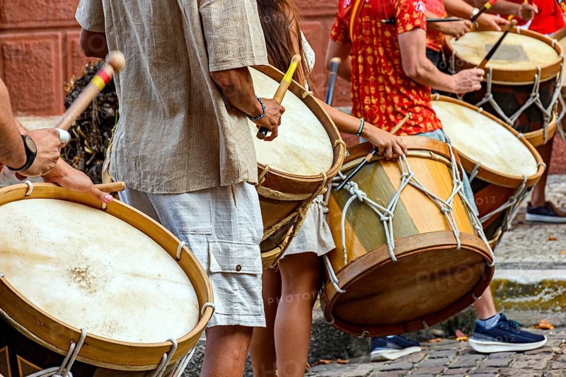 Percussionists and their drums on the streets of Recife during brazilian Carnival, Recife, Pernambuco, Brazil, South America