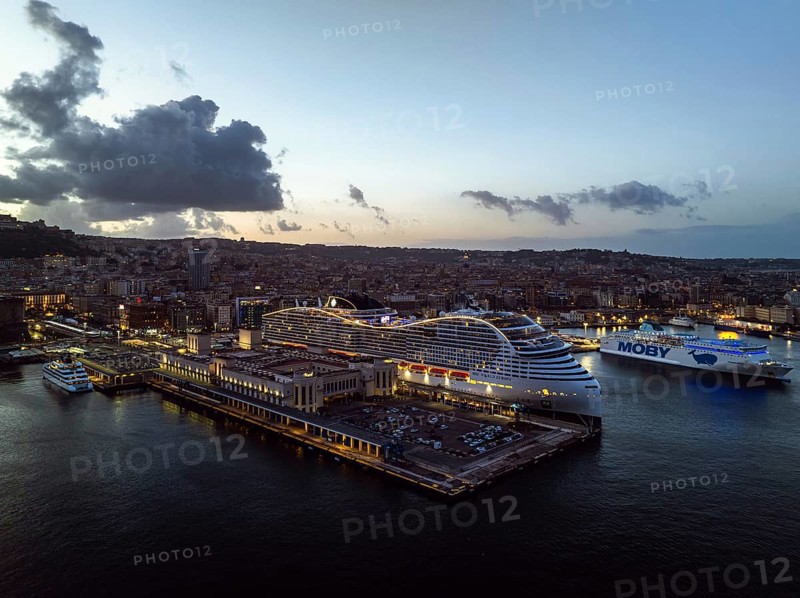 Naples Ferry Terminal at night from a drone, Molo Immacolatella Vecchia, Naples, Campania, Italy, Europe