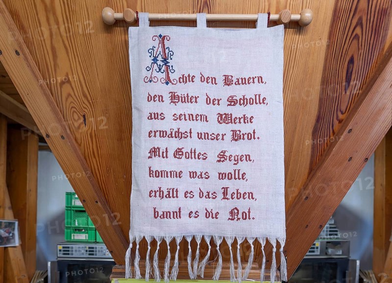Saying of the millers in the organic shop in the former Frohnhofer Kornmühle, Frohnhof, Middle Franconia, Bavaria, Germany, Europe