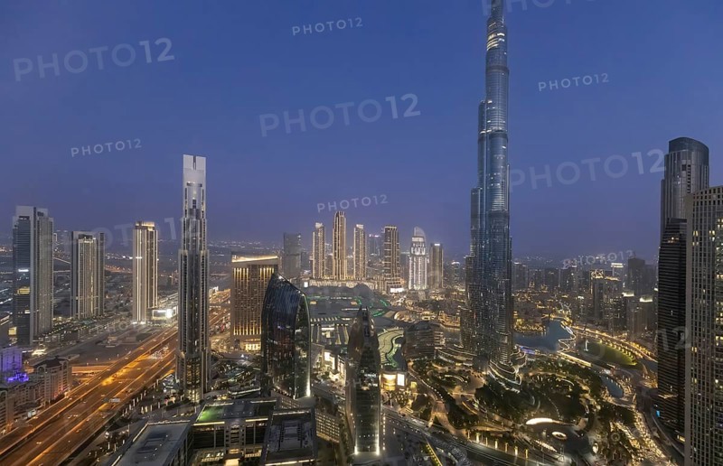 UAE, Dubai panoramic skyline view of city downtown and business district.