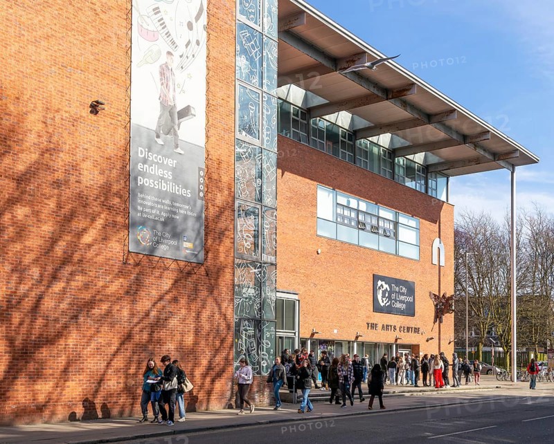 Students outside The Arts Centre, The City of Liverpool College, Myrtle Street, Liverpool, England, UK