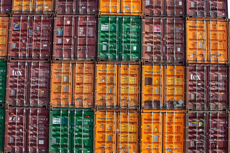 February 2024: Stack of shipping containers in the port of Mannheim, Baden-Württemberg
