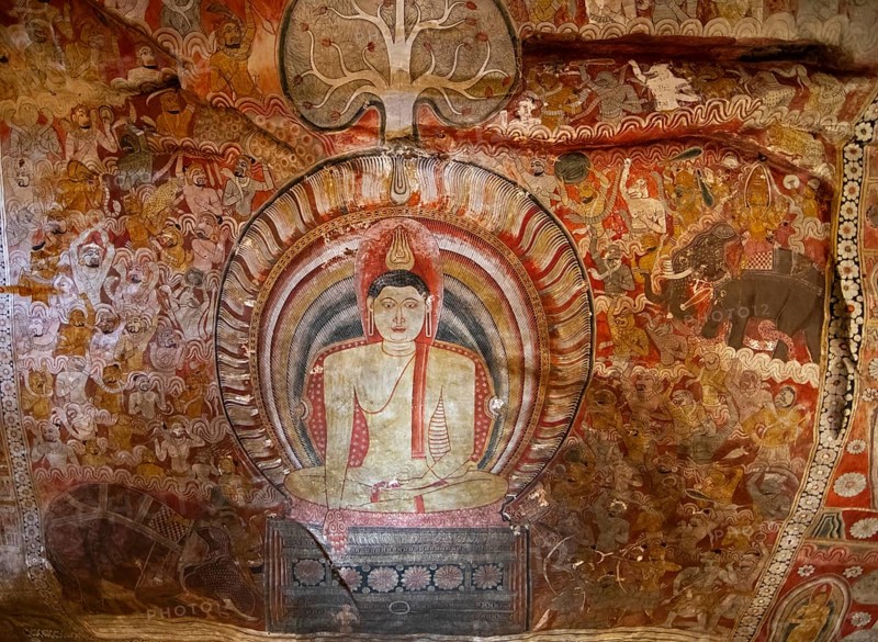 Ceiling fresco of a seated Buddha in the Dambulla cave temple, Dambulla, Central Province, Sri Lanka, Asia