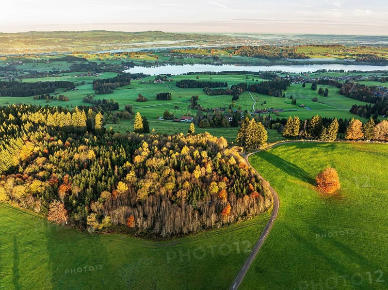Mountain range near village Wertach, view to lake Rottachsee, aerial view, autumn colors, sunrise, Allgaeu, Bavaria, Germany, Europe