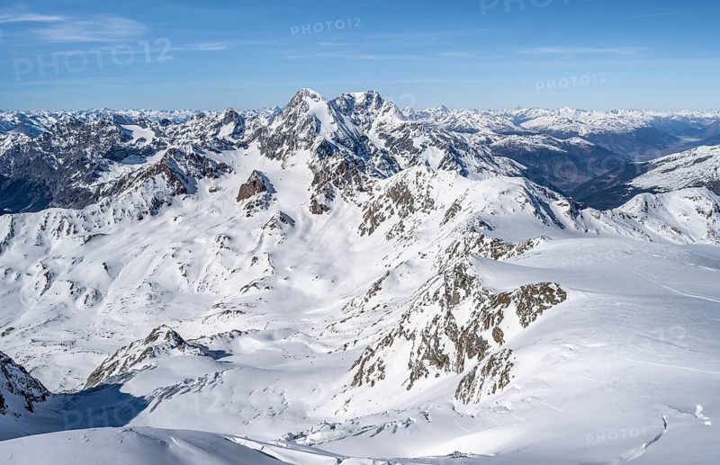 View from the summit of Monte Cevedale, mountain panorama with summit Königsspitze and Ortler, snow-covered mountain landscape in winter, Ortler Alps, Vinschgau Valley, Italy, Europe