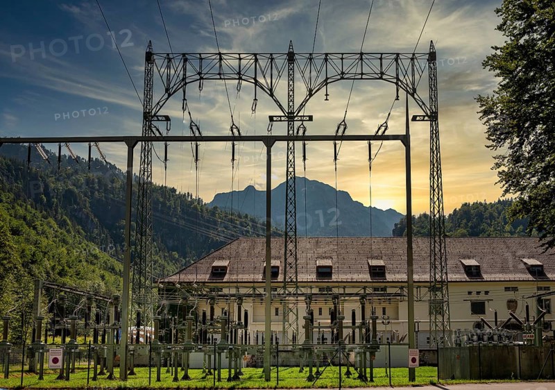 Power line at a small power station, Bad Tölz, Bavaria, Germany, Europe
