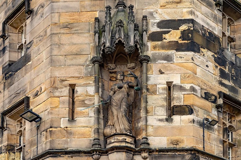 Statue of Justitia at Lancaster Castle in Lancaster, Lancashire, England, Great Britain