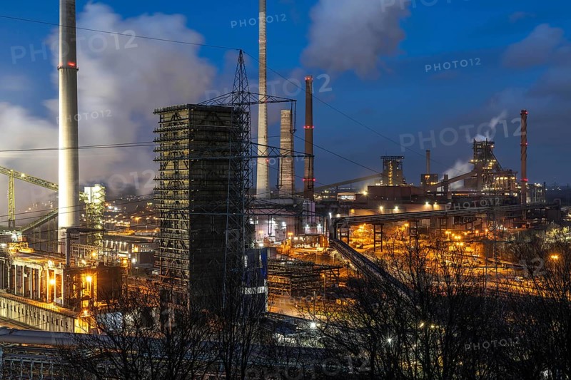 The Thyssenkrupp Steel steelworks in Duisburg-Marxloh, on the Rhine, quenching tower of the coking plant, blast furnaces 1 and 2, right, North Rhine-Westphalia, Germany, Europe