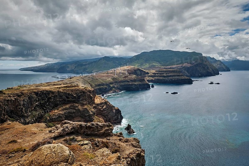 Madeira Island scenic rugged landscape view from Ponta do Sao Lourenco cape with seagulls flying. Madeira, Portugal, Europe