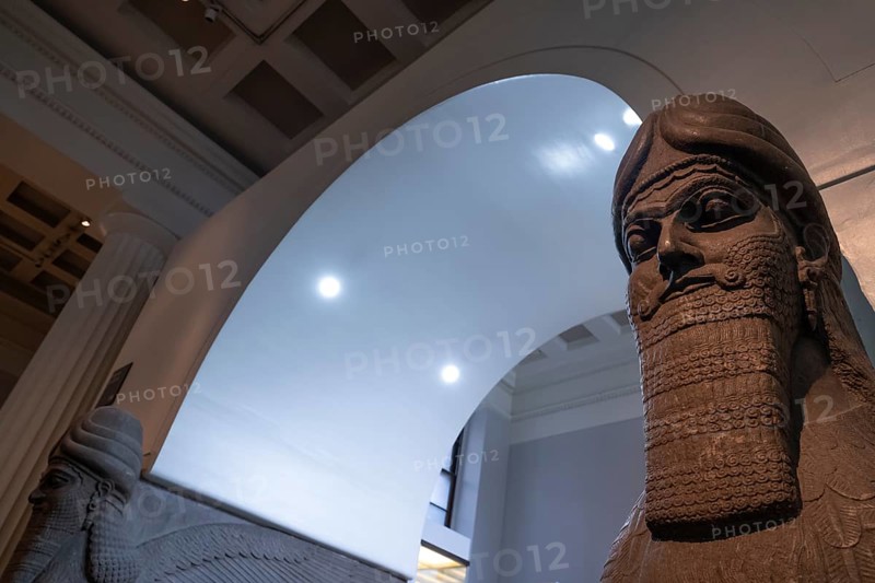 Statue, winged lion with human head, flanking the entrance to the throne room of the north-western palace of Ashurnasirpal in Nimrud, today Iraq, excavated by Sir Austen Henry Layard, British Museum, London, London region, England, Great Britain