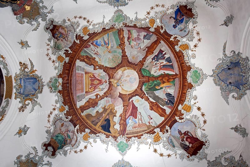 Church, baroque basilica St. Mang, interior view, ceiling fresco, Füssen, Ostallgäu, Bavaria Germany