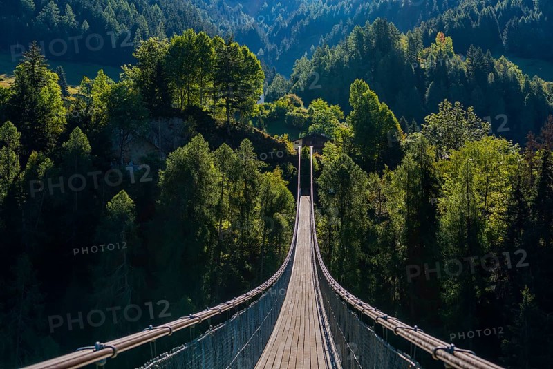 Suspension bridge in Ernen, hike, fear of heights, vertigo, courage, path, overcoming, therapy, evening light, Valais, Switzerland, Europe