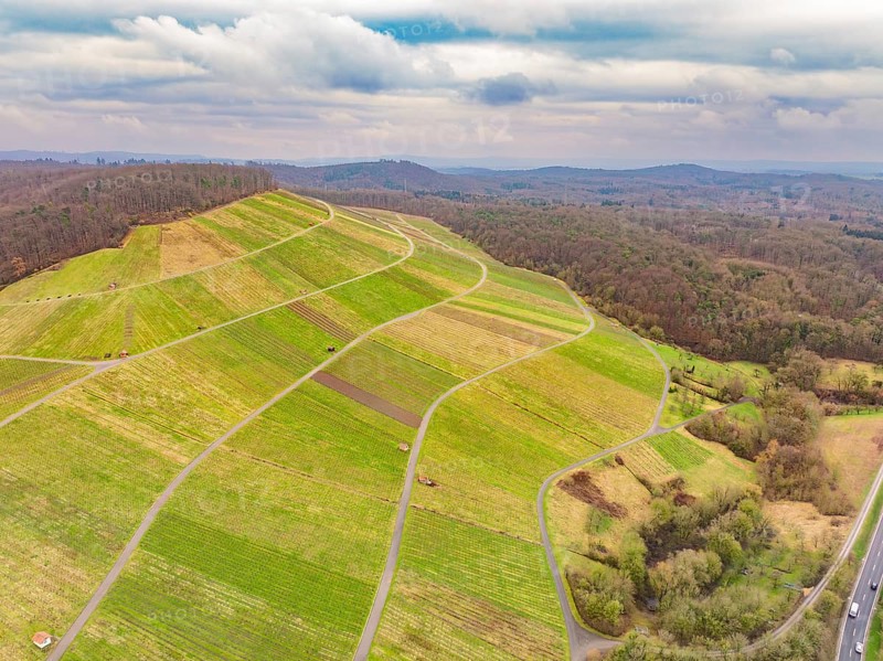 Aerial view of green hills and roads, embedded in forests and fields, Großbottwar, Ludwigsburg district, Baden-Württemberg, Germany, Europe