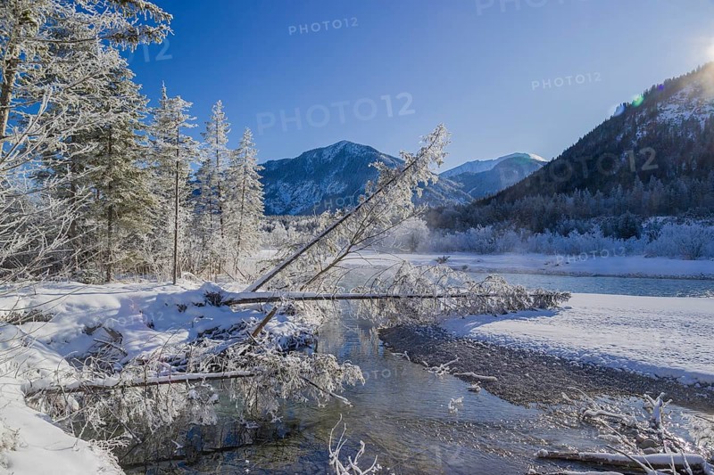 Isar valley in winter at temperatures of minus 18 degrees Celsius. Snow covered landscape with the Isar river flowing through. Some hoar frosted trees. Early morning