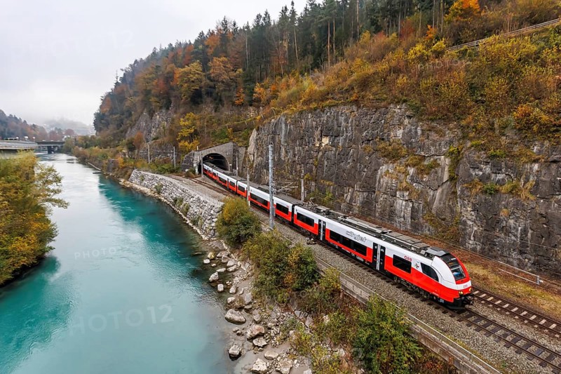 Train of the S-Bahn Vorarlberg of the Austrian Federal Railways ÖBB Eisenbahn Nahverkehr in autumn in Feldkirch, Austria, Europe