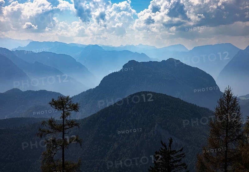 At the summit of Alpbichl with a view of the Schwarzer Berg, Osterhorn group, Salzkammergut, Salzburg province, Austria, Europe