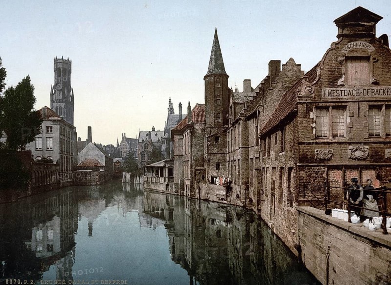 Canal and Belfry, Bruges, Belgium, ca 1895, Historic, digitally restored reproduction from a 19th century original, Record date not stated, Europe