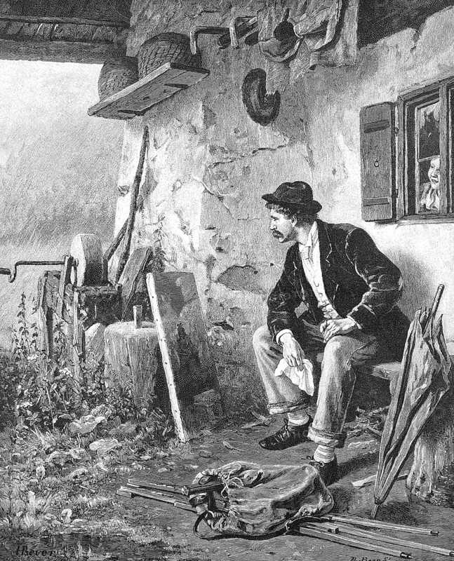 It is raining, the landscape painter has taken refuge under a roof with his easel, umbrella and canvas, the farmer's wife looks out of the window, Historic, digitally restored reproduction from a 19th century original, c. 1890, Record date not stated