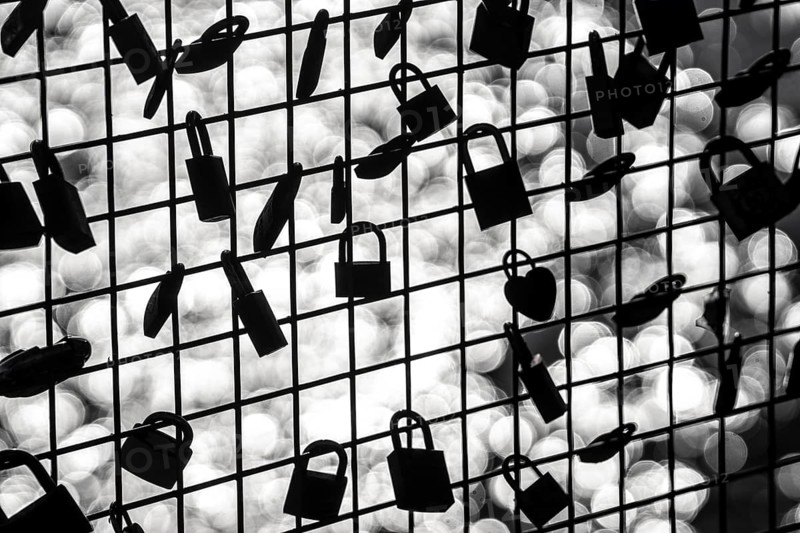 Padlocks, so-called love locks on a fence, vantage point in Wesel am Rhein, North Rhine-Westphalia, Germany, Europe