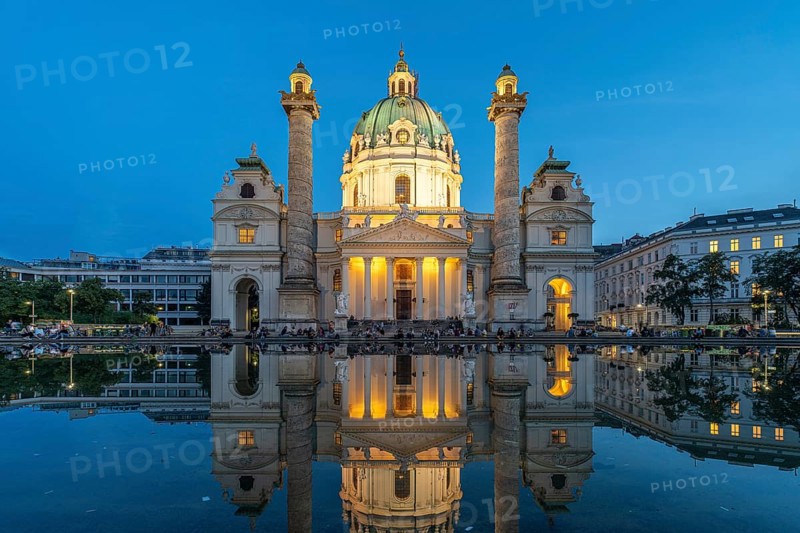 The baroque Karlskirche church at dusk, Vienna, Austria, Europe