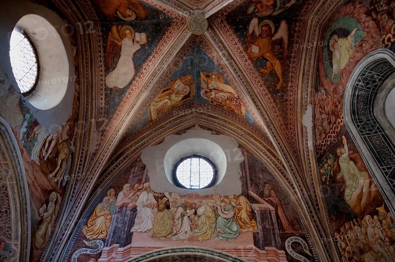 Interior view, God the Father in Glory, late Gothic frescoes by Master Wenzlaus in the Chapel of Our Lady at the cemetery, pilgrimage church Parish Church of Our Lady of Sorrows, Riffian, Rifiano, South Tyrol, Autonomous Province of Bolzano, Italy, Europe