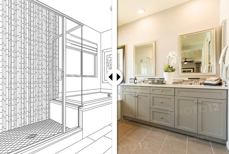 Before and after slider comparing pencil sketch drawing plans and completed custom master bathroom