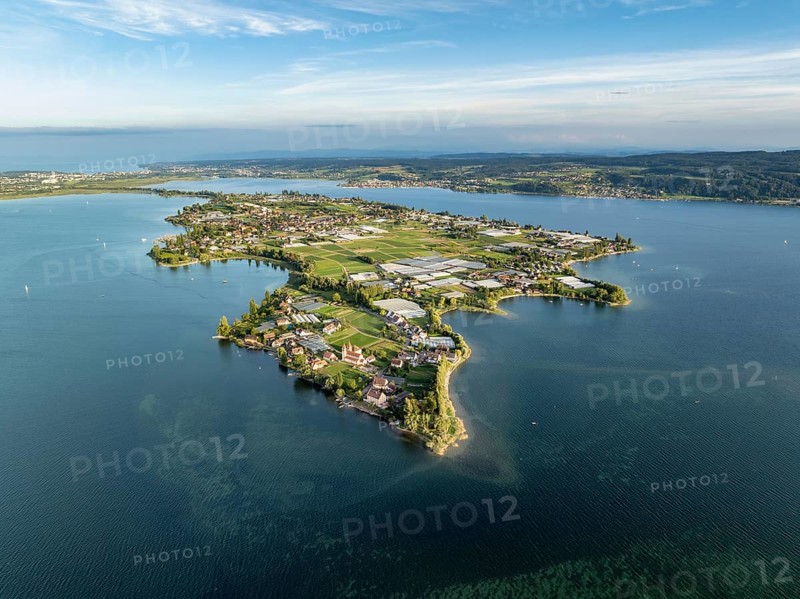 Aerial view, of the north-western tip of the island of Reichenau in Lake Constance, with the district of Niederzell and the columned basilica of St Peter and Paul, with Windegg Castle on the shore, district of Constance, Baden-Württemberg, Germany, Europe