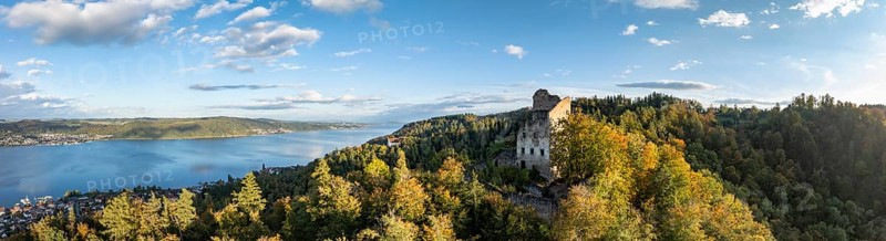 Aerial view, panorama of Lake Constance, Lake Überlingen, with the ruins of Altbodman on the Bodanrück, in autumn vegetation, Bodman-Ludwigshafen, district of Constance, Baden-Württemberg, Germany, Europe