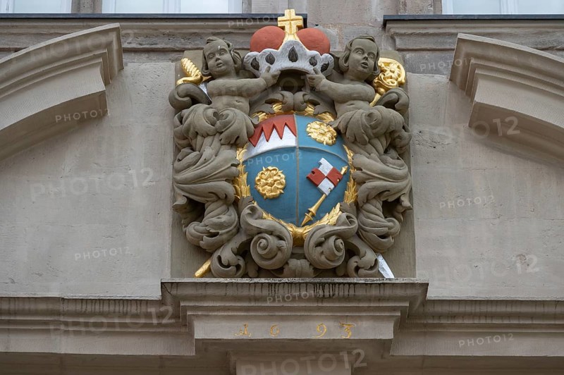 Coat of arms cartouche from 1693 above the portal of the Knauf Museum, market square, Iphofen, Lower Franconia, Bavaria, Germany, Europe