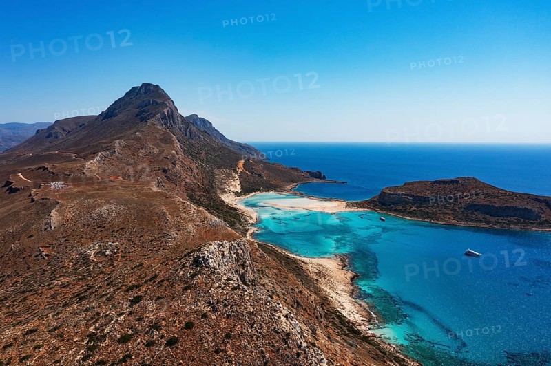 Drone shot, Gramvousa peninsula with view to the beach and bay of Balos, Kolimbari, West Crete, Crete, Greece, Europe