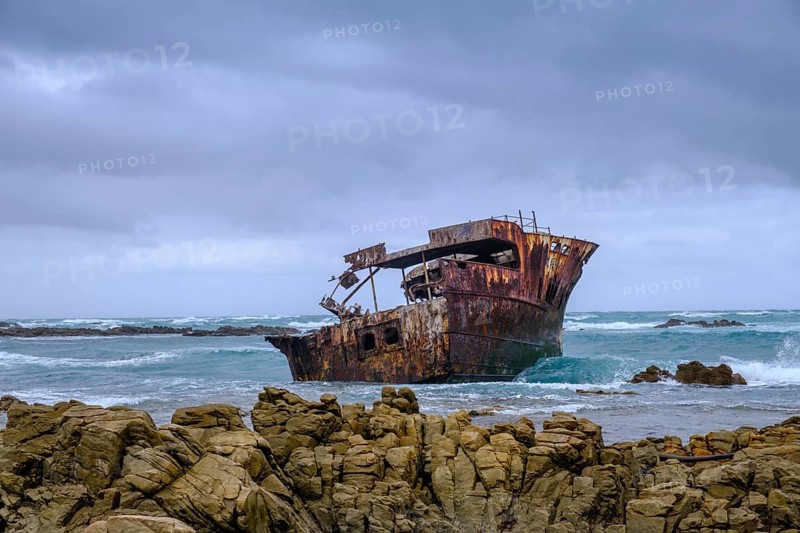 Bad weather at Cap Agulhas, shipwreck, southernmost point of Africa, meeting of the Indian and Atlantic Oceans, Cape Agulhas, Garden Route, Western Cape, South Africa, Africa