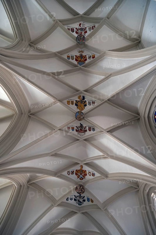 Vault with coat of arms in the late Gothic mortuary, burial place of the cathedral canons, consecrated in 1498, Cathedral of St Salvator or St Willibald, Eichstätt, Upper Bavaria, Germany, Europe