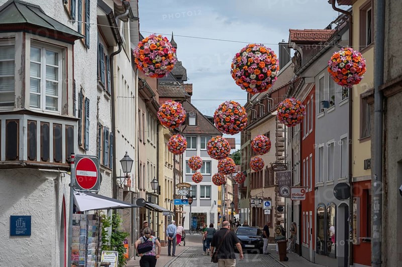 Colourful flower balls decorate the streets of, Villingen-Schwenningen, Baden-Württemberg, Germany, Europe