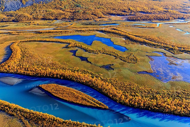 Lake, river, river delta, autumn colours, autumn, mountains, sunny, aerial view, Rapadalen, Laponia, Lapland, Sweden, Europe