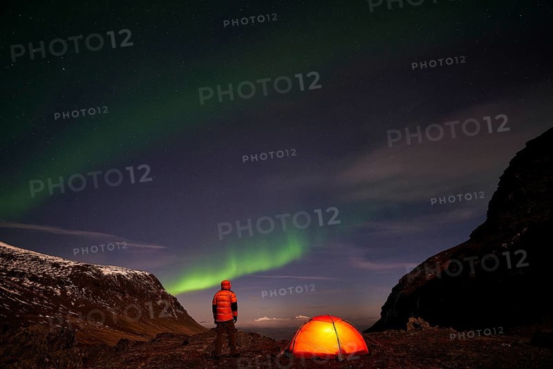 Tent in mountain landscape, Sarek National Park, World Heritage Laponia, Norrbotten, Lapland, Sweden, night shot, lighting, Scandinavia, Europe