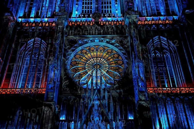 Illumination of the Cathédrale Notre Dame de Strasbourg, Strasbourg Cathedral, detail, Unesco World Heritage Site, Strasbourg, Département Bas-Rhin, Alsace, France, Europe