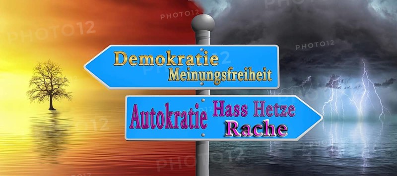 Symbolic image, democracy versus autocracy, US democracy in danger, EU and Germany under political pressure, industry, Donald Trump, tariff threats, Elon Musk, Mark Zuckerberg, social networks, fake news, rights broken, hate, hate speech, DSG Digital Services Act, re-election, USA, politics, announcements, vendetta, wanted dictator, Republicans, US electoral system, global danger, lies, 2nd term, global burden, Ukrainian war, storming White House, North America