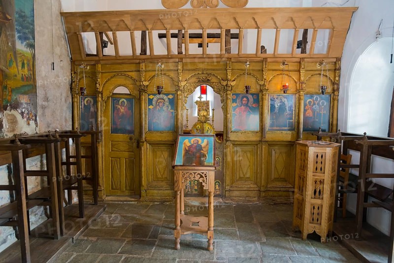 Iconostasis in an orthodox church with religious icons and a calm, spiritual atmosphere, Makrinitsa, balcony of Pilio, Municipality of Volos, Pilio Mountains, Thessaly, Greece, Europe