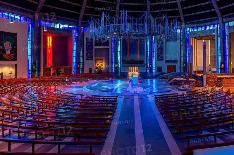 Modern interior of Roman Catholic cathedral church, Metropolitan Cathedral of Christ the King, city of Liverpool, England, UK