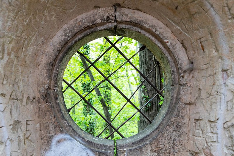 Interior view of the Schanzenturm, artificial tower ruin of the manor in the forest of the Lausker Skala, Weißenberg, Saxony, Germany, Europe