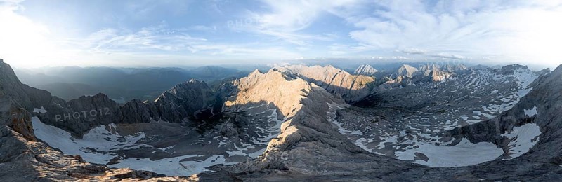 Alpine panorama, aerial view, Zugspitze and Zugspitzplatt with glacier, high mountains, Bavaria, Germany, Europe