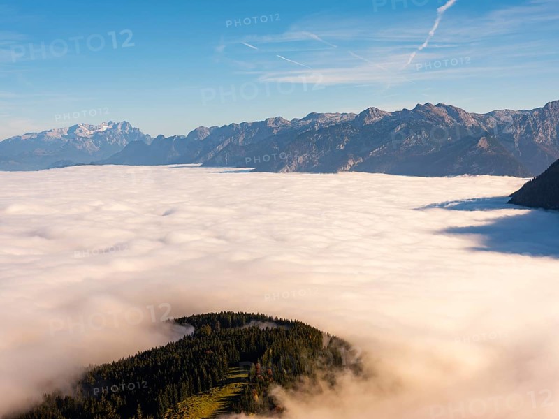 High fog over the Salzach valley, Dachstein and Tennengebirge mountains in the background, Roßfeld, Hallein, Salzburg province, Austria, Europe