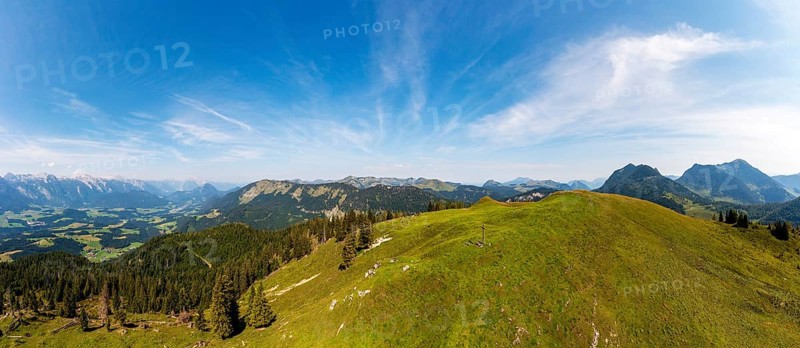 Drone shot, At the summit of the Taborberg with a view of the Lammertal and Tennengebirge mountains, Osterhorn group, Salzkammergut, Salzburg province, Austria, Europe