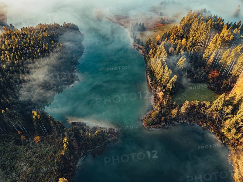 Autumn sunrise in the foothills of the Alps with fog at Illasbergsee and Forggensee near Halblech in Allgäu, Bavaria, Germany, Europe