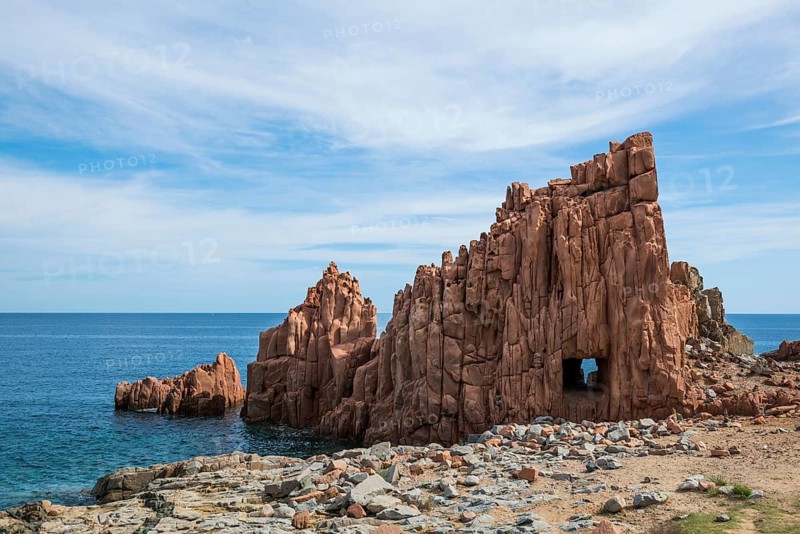 Red rocks by the sea, porphyry rocks, Arbatax, Tortolì, Province of Ogliastra, Sardinia, Italy, Europe