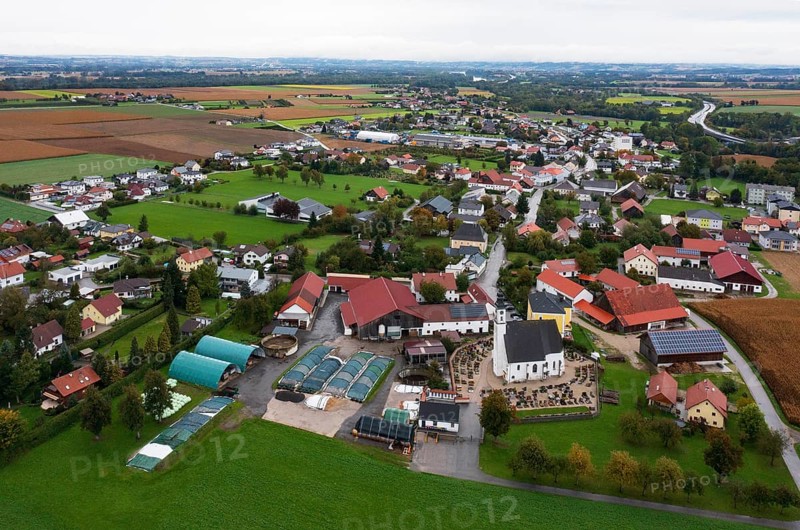 Drone image, residential buildings, view of village with church, Antiesenhofen, Innviertel, Upper Austria, Austria, Europe